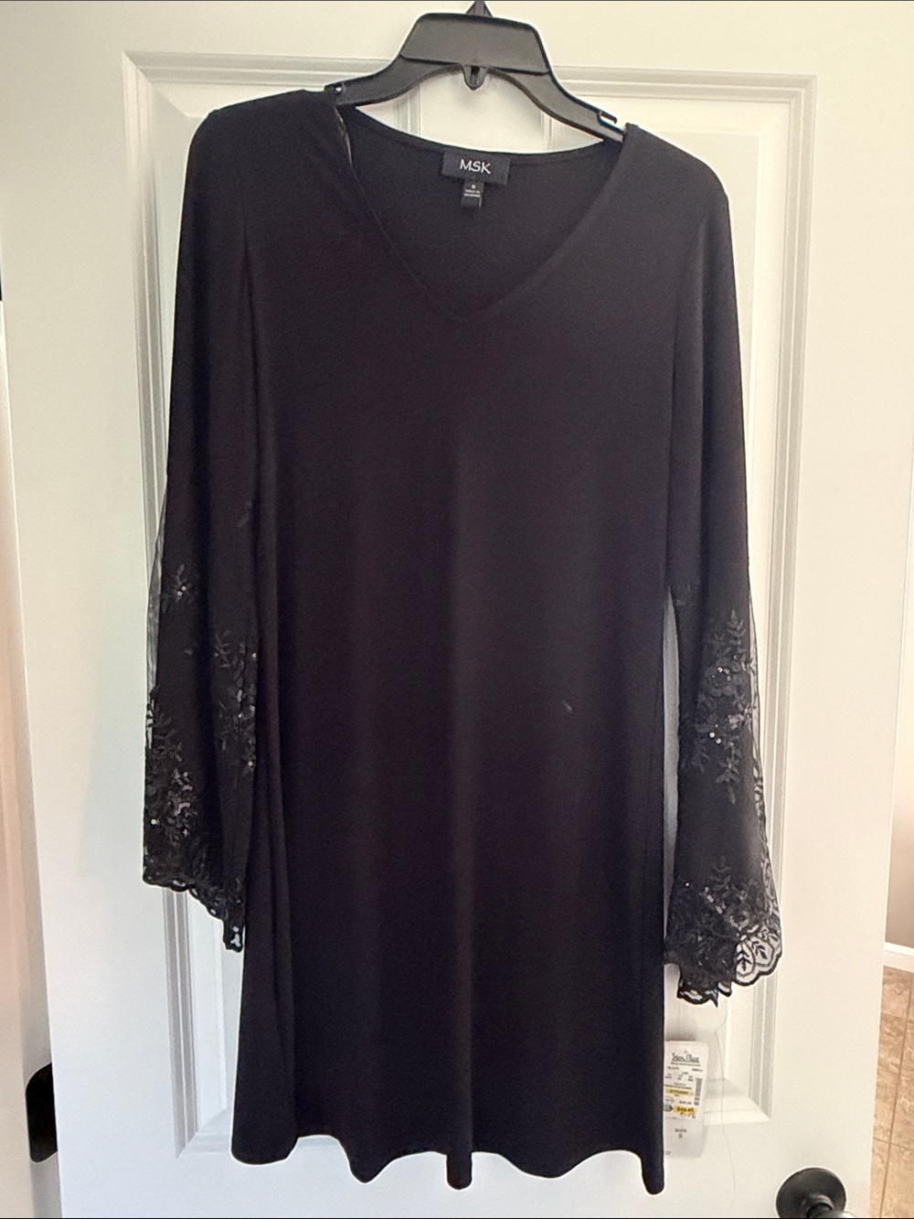 NWT MSK Black V-Neck Dress with Lace Bell Sleeves and Embroidery
